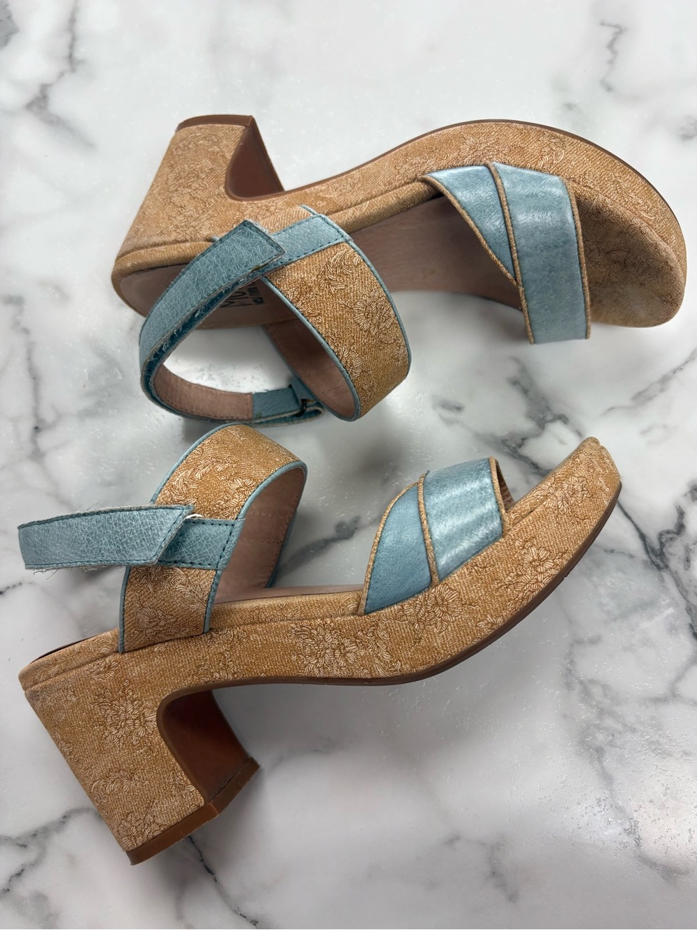 Miz Mooz Dusty Blue Suede Platform Sandals with Tan Floral Print Platform - Picture 3 of 6